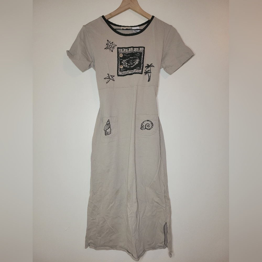 Jaclyn Smith Beige Maxi Dress with Black Trim and Nautical Embroidery